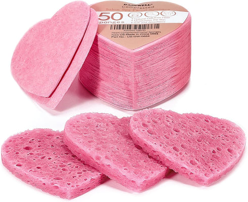 50-Count Heart Shape Compressed Facial Sponges for Daily Facial Cleansing and Exfoliating, 100? Natural Cosmetic Spa Sponges for Makeup Remover...