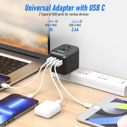Universal International Power Travel Plug Adapter, 5 in 1 European Travel Plug Adapter W/ 3.5A 2xUSB-A and 2xUSB C Wall Charger and Worldwide AC O...