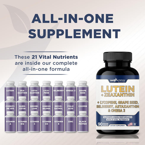 Lutein and Zeaxanthin Supplements - Eye Health Vitamins - Astaxanthin, Omega 3, Resveratrol, Bilberry, Lycopene, Quercetin, Ginkgo Biloba, Vitamin...