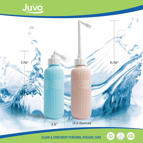 Juvo Peri Bottle Kit | Portable Travel Bidet, Handheld Squeeze Bottle with 2 Spray Nozzles, Cap and Storage Bag, Upside Down Use, 13.5 oz, Blue/Pi...