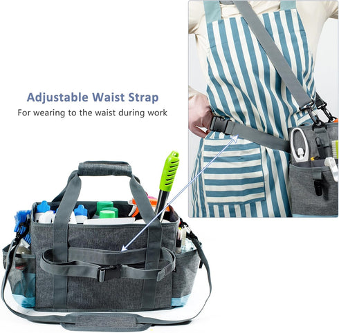 Grey-Blue Cleaning Caddy, Oxford Polyester, Adjustable 5 Compartments, Padded Carry Handle, Waterproof Interior, Ideal for Housekeeping and Cleani...
