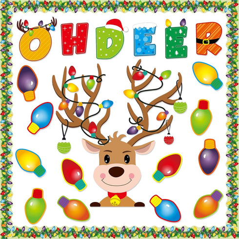 55 Pcs Christmas Bulletin Board Decoration Christmas Reindeer Bulb Classroom Bulletin Board Cutouts Sets for Xmas Party Supplies Toddler Kids Stud...