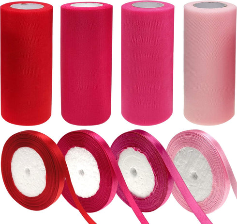 Valentine's Day Tulle Rolls Tulle Netting Rolls Tulle Fabric Mesh Ribbons for Valentine's Day Decoration Wedding DIY Supply (red, Rose, Peach, Pin...