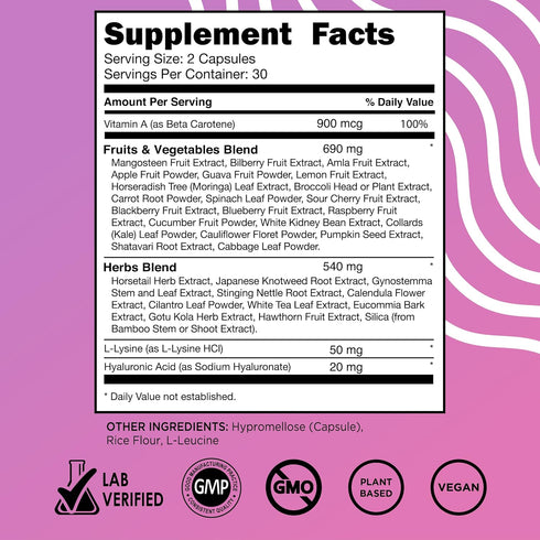Vital Vitamins Vegan Collagen Booster - Plant Collagen Supplements - Supports Hair, Skin, Nails & Joints - with Hyaluronic Acid - 60 Capsules...
