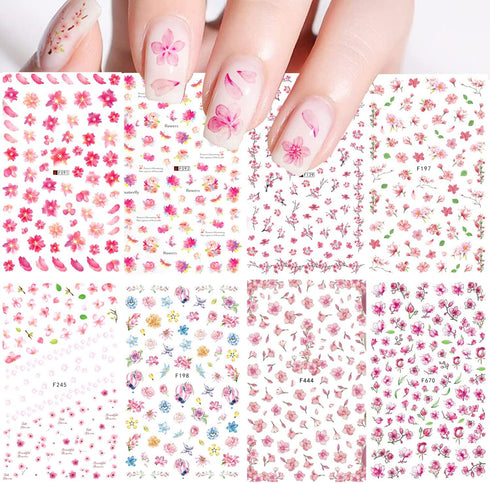 Cherry Blossom Nail Art Stickers, 3D Pink Flowers Nail Self-Adhesive Sticker Deisgns, Spring Red Plum Peach Leaf Dry Floral Nail Art Decals Suppli...