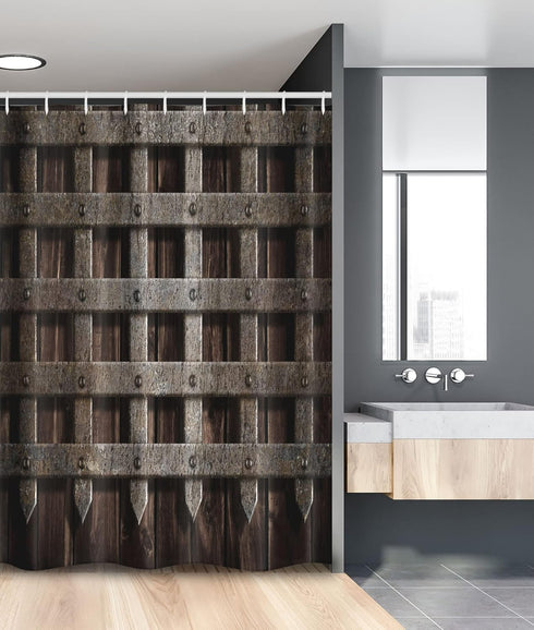 Ambesonne Medieval Stall Shower Curtain, Medieval Wooden Castle Wall and Gate Greek Style Mid-Century Designed Artwork Print, Fabric Bathroom Deco...