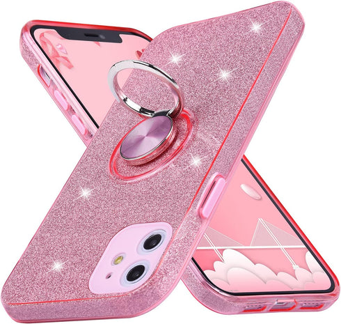 Wisdompro Case for iPhone 11, Cute Glitter Bling Sparkly Case with Ring Stand, Women Girls Protective Phone Case Cover for iPhone 11 6.1 inch - Pi...