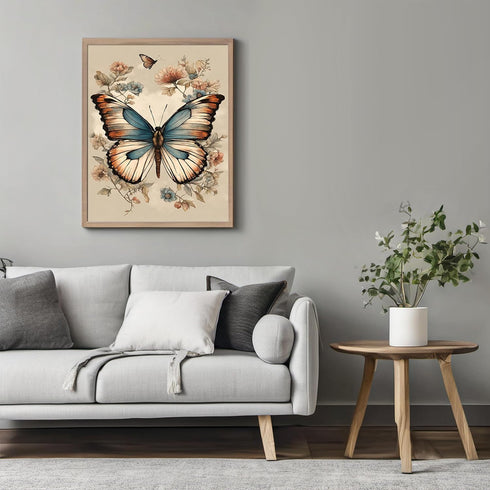 Posterizer 1 pcs- Blue and orange butterfy with wild flowers-Art for Animal Lovers-Floral Botanical Art- Gift for Men Women Teens-Living Room Bedr...
