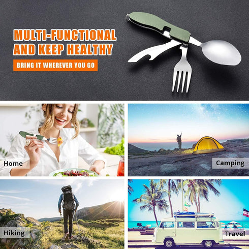 HIKENTURE Camping Utensils 2 Pack, 4-In-1 Stainless Steel Spoon Fork Knife Set Backpacking Travel Cutlery Metal Multitool Boy Scout(Green 2pack)...