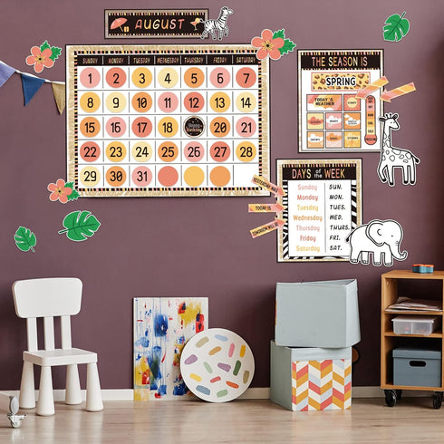 Safari Jungle Animal Calendar Bulletin Board Set Simply CTP Bulletin Board Calendar Seasons Weather Chart Animal Classroom Decoration with Season,...