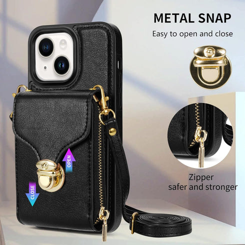 Compatible with iPhone 13 6.1 inch Wallet Case Crossbody Strap Leather Zipper Credit Card Holder Clasp Stand Cell Accessories Phone Cover for iPho...