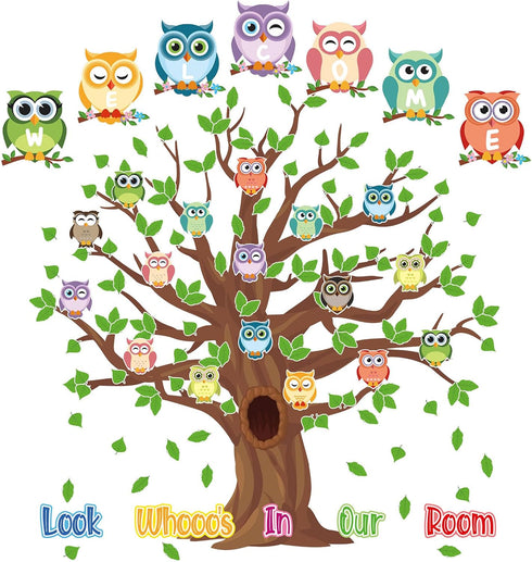 Tatuo 125 Pcs Classroom Tree Bulletin Board Set 47 x 46 Inch Tree Background Owl Leaves Dot Bulletin Board Cutouts for Elementary School Teacher C...