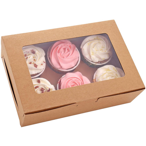 30-Set Cupcake Boxes with Inserts and Window Hold 6 Cupcakes, 9.4'' x 6.3'' x 3'', Brown Food Grade Kraft Cupcake Holder for Cookies, Muffins, Bak...