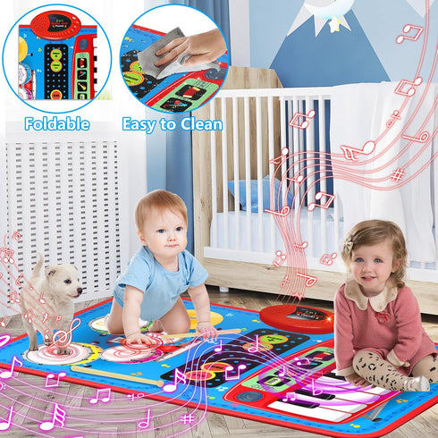 2-in-1 Musical Mat Toys for 1 2 3 4 5 Year Old, Piano Keyboard & Drum Set with 2 Drum Sticks, Early Educational Musical Learning Toys Birthday for...