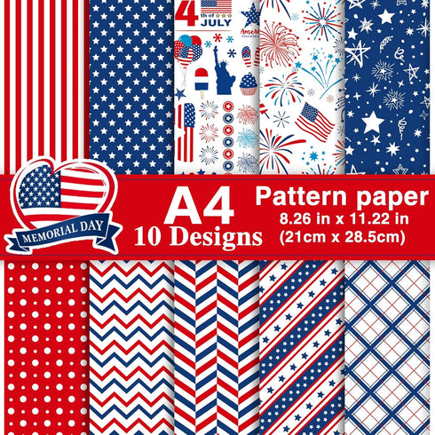 Morcheiong 30 Sheets 4th of July Pattern Paper Set A4 Size Decorative Paper Double-Sided Craft Origami Paper for Independence Day Scrapbooking Car...