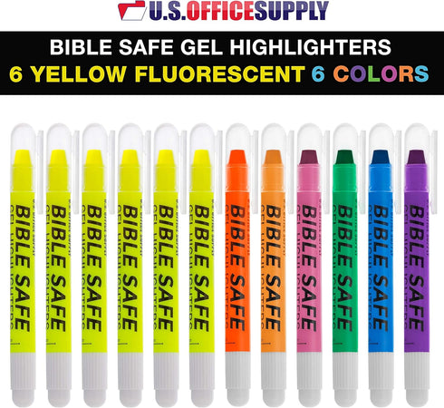 U.S. Office Supply Bible Safe Gel Highlighters, Pack of 12 - Set with 6 Bright Neon Yellow Highlight Colors Plus 6 Colors, Orange, Pink, Purple, G...