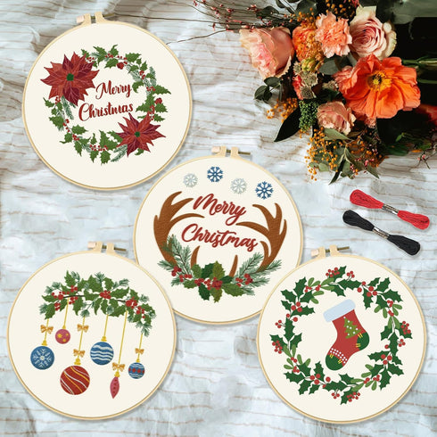 INFUNLY 4 Sets Christmas Embroidery Kits Cross Stitch Kits for Beginners with Instructions Embroidery Starter Kit for Adults 11.8x11.8in Elks Embr...