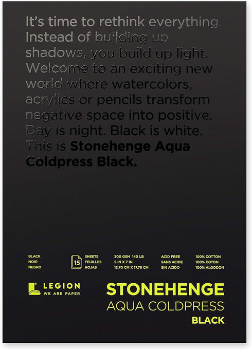 Stonehenge Aqua Black Medium Weight Pad, 140lb, Coldpress, 5 x 7 Inches, 15 Sheets for Wet and Dry Media...