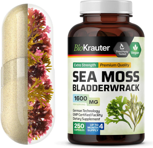 BIO KRAUTER Irish Sea Moss Capsules 1600 mg - 250 Count - Vegan Bladderwrack with Chondrus Crispus Sea Moss Supplement...