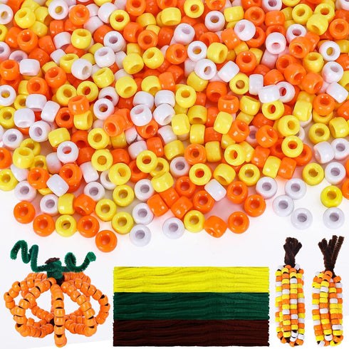 Whaline 1000Pcs Fall Pony Beads with 100Pcs Chenille Stems Pipe Cleaners 3 Colors Autumn Craft Beads Plastic Beads for DIY Craft Necklace Bracelet...