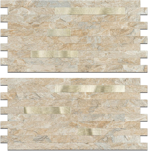 2 Sheets Peel and Stick Backsplash for Kitchen, Sandstone with Metal Gold Look Stick on Tile Upgrade Your Kitchen Backsplash, RV, Fireplace...