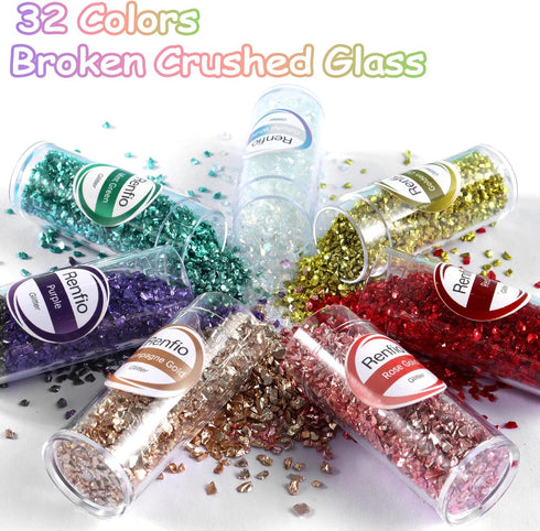 Renfio 32 Colors Broken Crushed Glass Glitter Set, 22.57oz 640g Glitter Shards 2-4mm Irregular Metallic Glass Chips Crystal Chunky Flakes Sequins ...