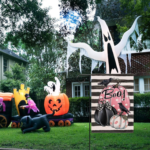 Halloween Boo Pumpkin Patch Small Decorative Garden Flag, Crow Pink Gourd Black White Stripes Yard Lawn Outside Decor, Fall Ghost Holiday Farmhous...