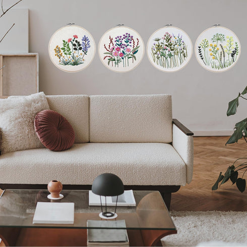 4 Set Embroidery Starter Kit for Beginners, Needlepoint Cross Stitch Kits with Pre-Stamped Flower, Instructions, Bamboo Hoops, Color Threads, Tool...