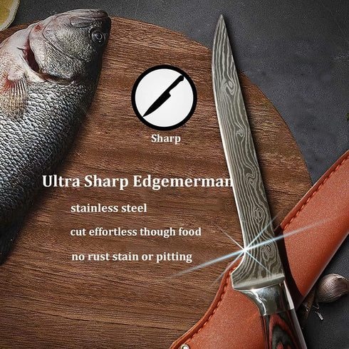Premium Boning Knife with Sheath & Pocket Sharpener 6 Inch High Carbon Stainless Steel Japanese Fillet Professional Trimming Knife for Meat, Fish,...