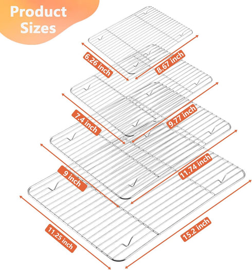 P&P CHEF Baking Cooling Rack Set for Cooking Roasting, 4-Piece Stainless Steel Wire Racks for Oven Use, Healthy & Dishwasher Safe, Rectangle, 8.6 ...