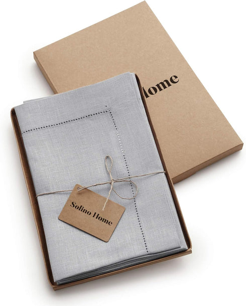 Solino Home Linen Napkins Set of 4 - Classic Hemstitch 100% Pure Linen Soft Grey Dinner Napkins Cloth 20 x 20 Inch for Summer, Fall - Handcrafted ...