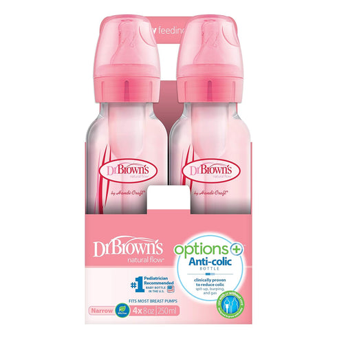 Dr. Brown’s Natural Flow® Anti-Colic Options+™ Narrow Baby Bottles, 8 oz/250ml, with Level 1 Slow Flow Nipple, 4 Pack, Pink/Clear...