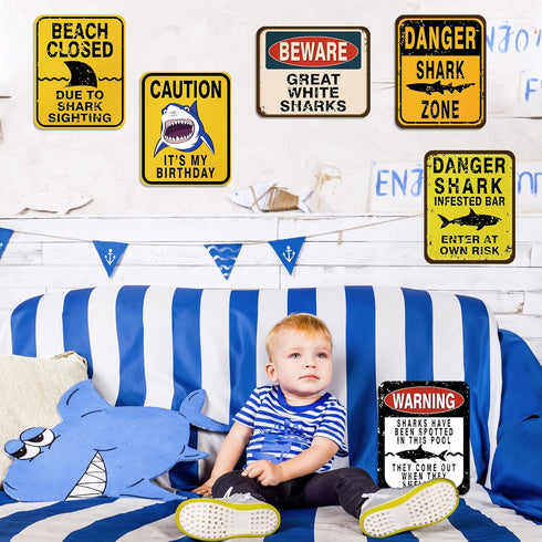 WERNNSAI Shark Zone Party Decorations - 6 PCS Size 8'' Funny Party Wall Decor Signs for Boys Kids Birthday Party Ocean Shark Theme Party Supplies...
