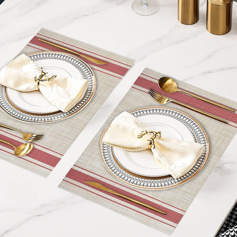 DACHUI Placemats Set of 4, Soft & Elegant Woven Vinyl Place Mats, Water Resistant, Heat Resistant, Washable, Durable Table Mats (Red Stripes)...
