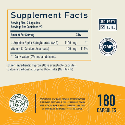 AKG Supplement | 1,100MG Per Serving | 180 Capsules | Alpha Ketoglutarate With Calcium + Vitamin C | For Healthy Aging, Longevity, Energy, and Foc...