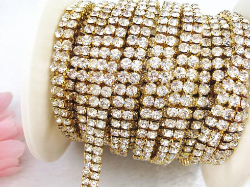 3 Feet 1 Yard 2 Rows Ss16 4mm Close Rhinestone Chain Trims Cup Chain Wedding Cake (Gold+Clear Crystal)...