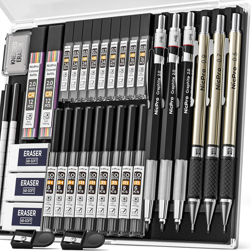 Nicpro 35PCS Art Mechanical Pencil Set, 3 PCS Metal Drafting Pencil 0.5 mm & 0.7 mm & 0.9 mm & 3 PCS 2mm Lead Holder (6B 4B 2B HB 2H 4H Colors) Fo...