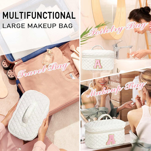 Travel Makeup Bags for Women - Initial White Large Makeup Bag Makeup Pouch Makeup Bag Travel Must Haves Cute Makeup Bag Best Friend Birthday Bride...