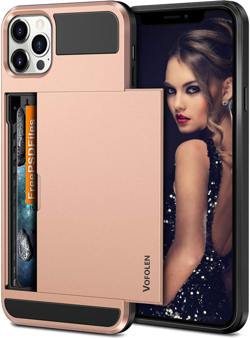 Vofolen Compatible with iPhone 12 Pro Max Case 5G Wallet Cover Credit Card Holder Slot Sliding Back Pocket Anti-Scratch Dual Layer Bumper Protecti...