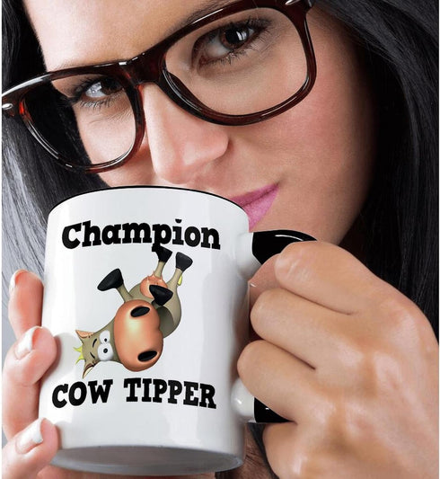 3dRose Funny Champion Cow Tipper Cowin Tipping Humor Two Tone Mug, 11 oz, Black/White...