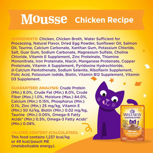 Wellness® Appetizing Entrées™ Mousse Chicken Recipe Infused with Broth Natural Wet Cat Food, 1.4 oz Pouch (Pack of 8)...