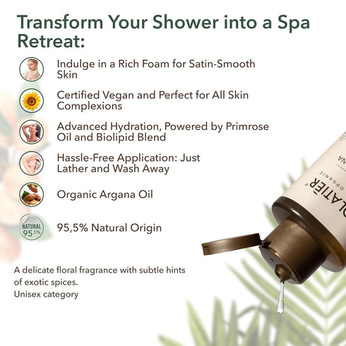 Deep Reviving Shower Oil with Organic Argana, ECOLATIER - 95.5% Natural, Vegan shower oil for women - Hydration & Cleansing oil body wash - 8.5 Fl...