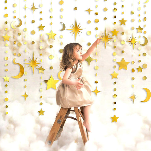 Gold Star Moon Circle Dot Garland Party Decorations Kit Hanging Crescent and Twinkle Little Star Streamer Bunting Banner for Kids Room First Birth...