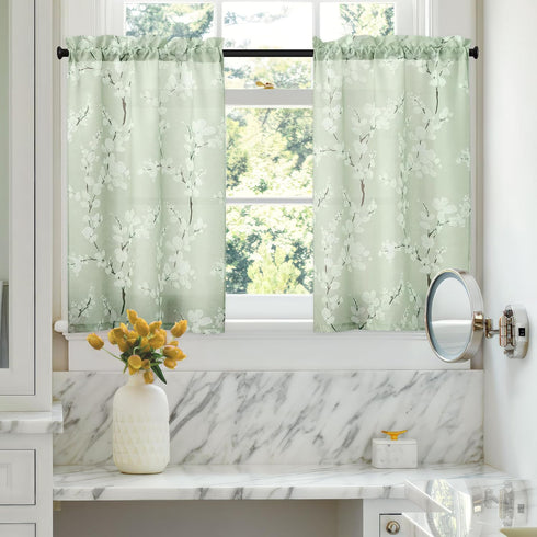 FMFUNCTEX Green White Kitchen Tier Curtains 24 Inch Length Blossom Print Half Window Drapes for Bathroom Floral Patterned Light Filtering Privacy ...
