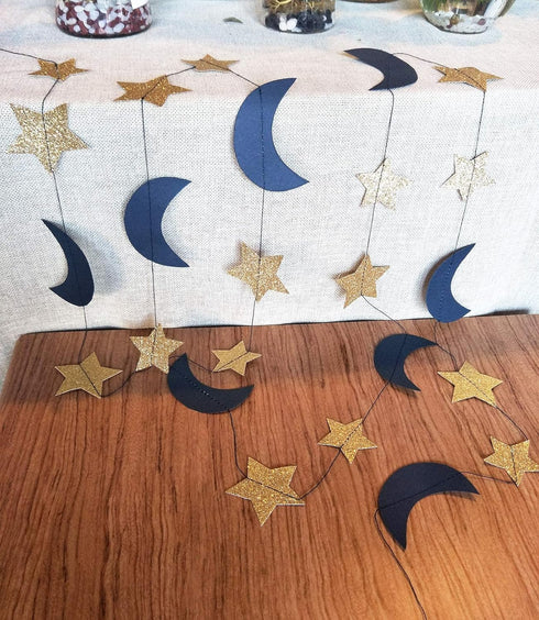 Moon and Star Garland Decorations - Navy Gold Glitter Outer Space Birthday Party Hanging Decorations for Honey Moon Wedding Engagement and Baby Sh...