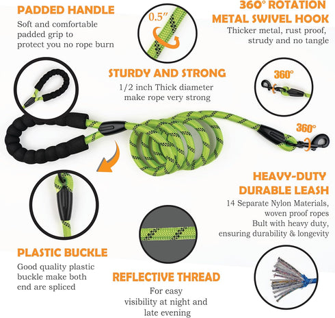 Rope Dog Leash 5 ft, Heavy Duty, Reflective, Tangle-Free rope with Comfortable Padded Handle, Ideal for small medium large Breed Dogs, Perfect for...