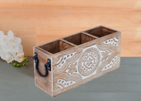 Wooden 3 Compartment Flatware Utensil Caddy Silverware Cutlery Holder for Party Fork Spoon Knife Holder Organizer Hand Carved CTH02...