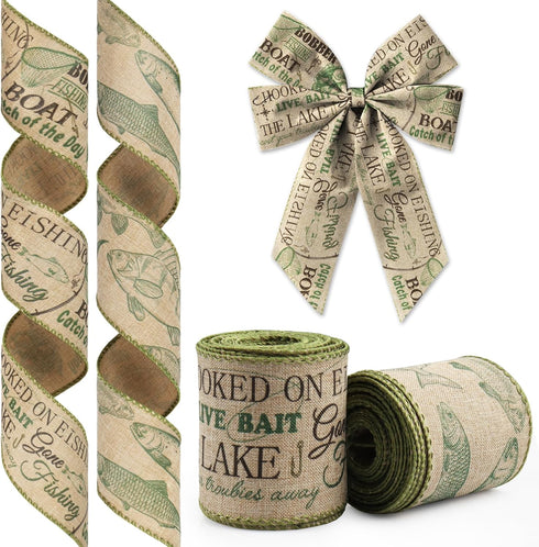 2 Rolls Father's Day Ribbons Wired for Wreath Bows Wrapping Gifts, Burlap Fishing Theme Ribbon for Father's Day Gift Wrapping Birthday Party Decor...