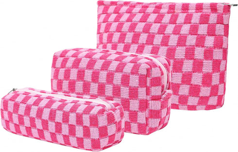 Large Capacity Makeup Bag Set Pink Checkered Makeup Bags 3 Pieces Canvas Travel Makeup Bag Organizer Travel Toiletry Bag Storage Bag for Women...