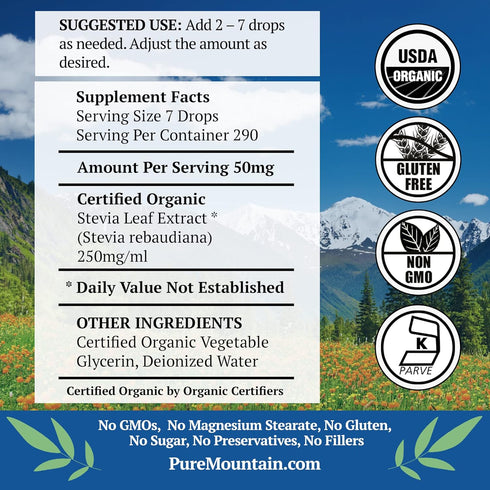 Pure Mountain Botanicals Organic Liquid Stevia Sweetener – Alcohol Free and Kosher Sweet Sugar Substitute Stevia Drops - 2oz Glass Bottle...